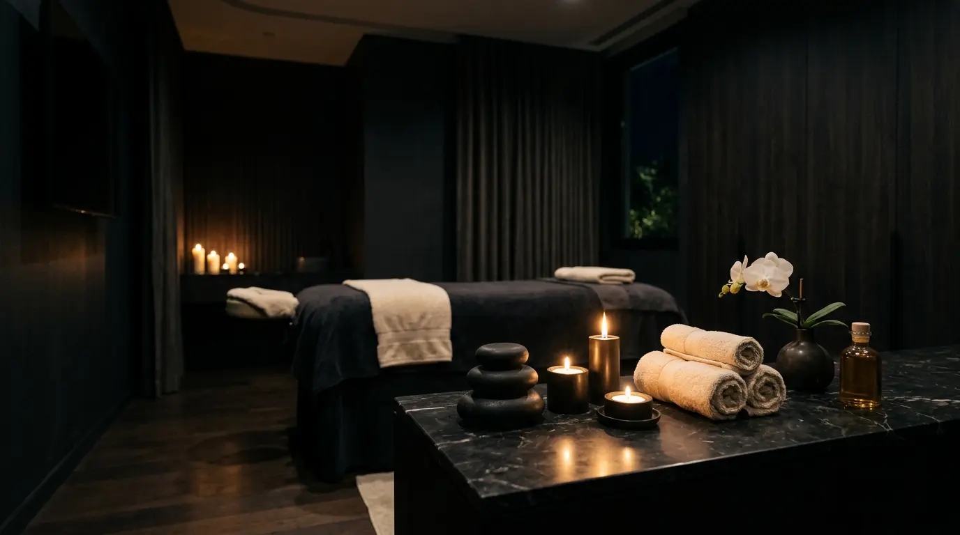 Candlelit private treatment room with hot stones and fresh towels